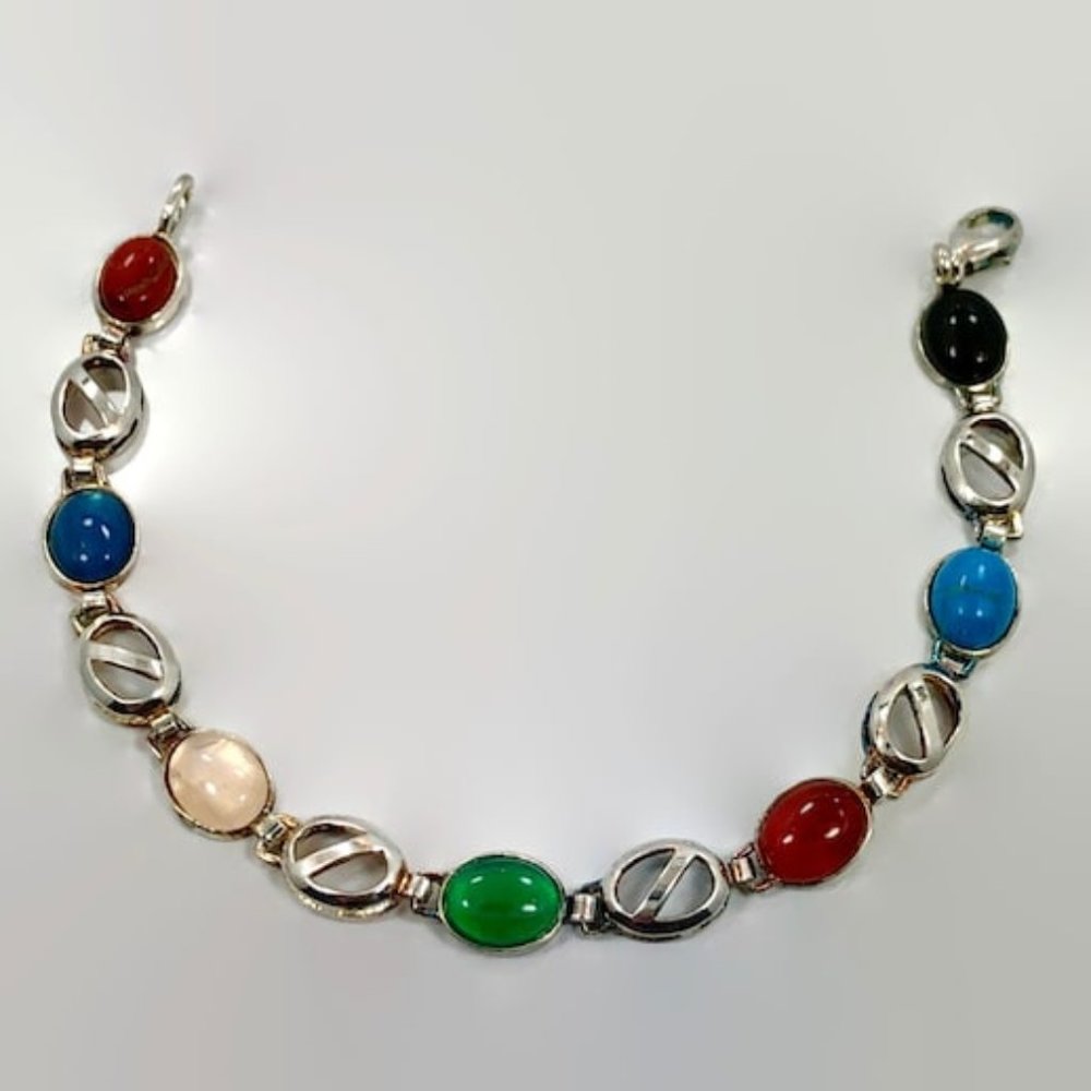 Stone Bracelet, Multi-Stone, Sterling Silver, Onyx, Quartz, Carnelian, Vintage